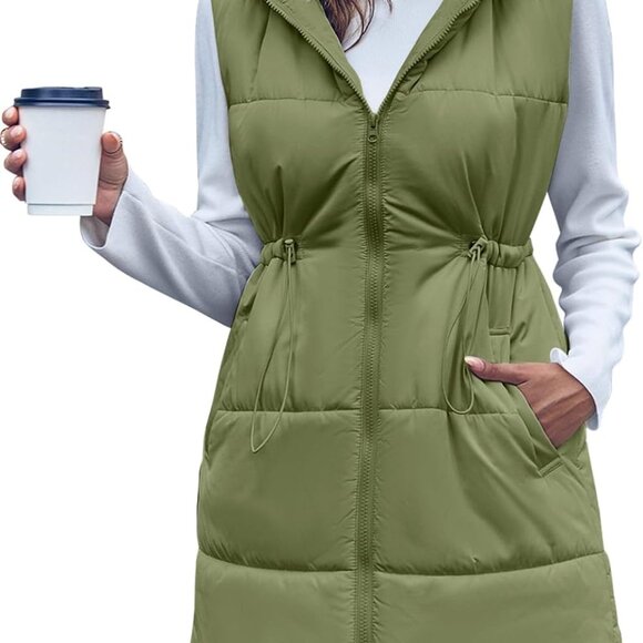 Womens Quilted Puffer Vests Hooded Sleeveless Long Outwear Jacket Zip Up Winter